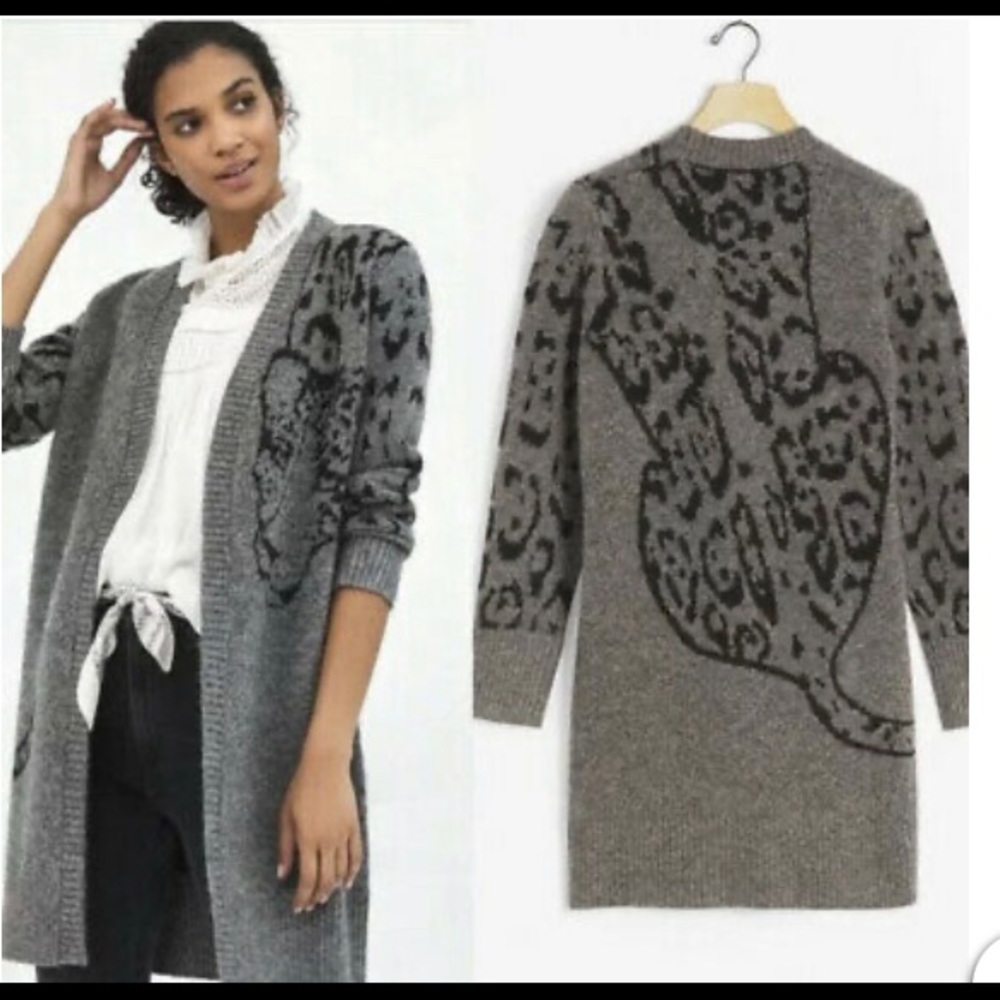 Anthropologie Averie Gray Open Front Leopard Cardigan